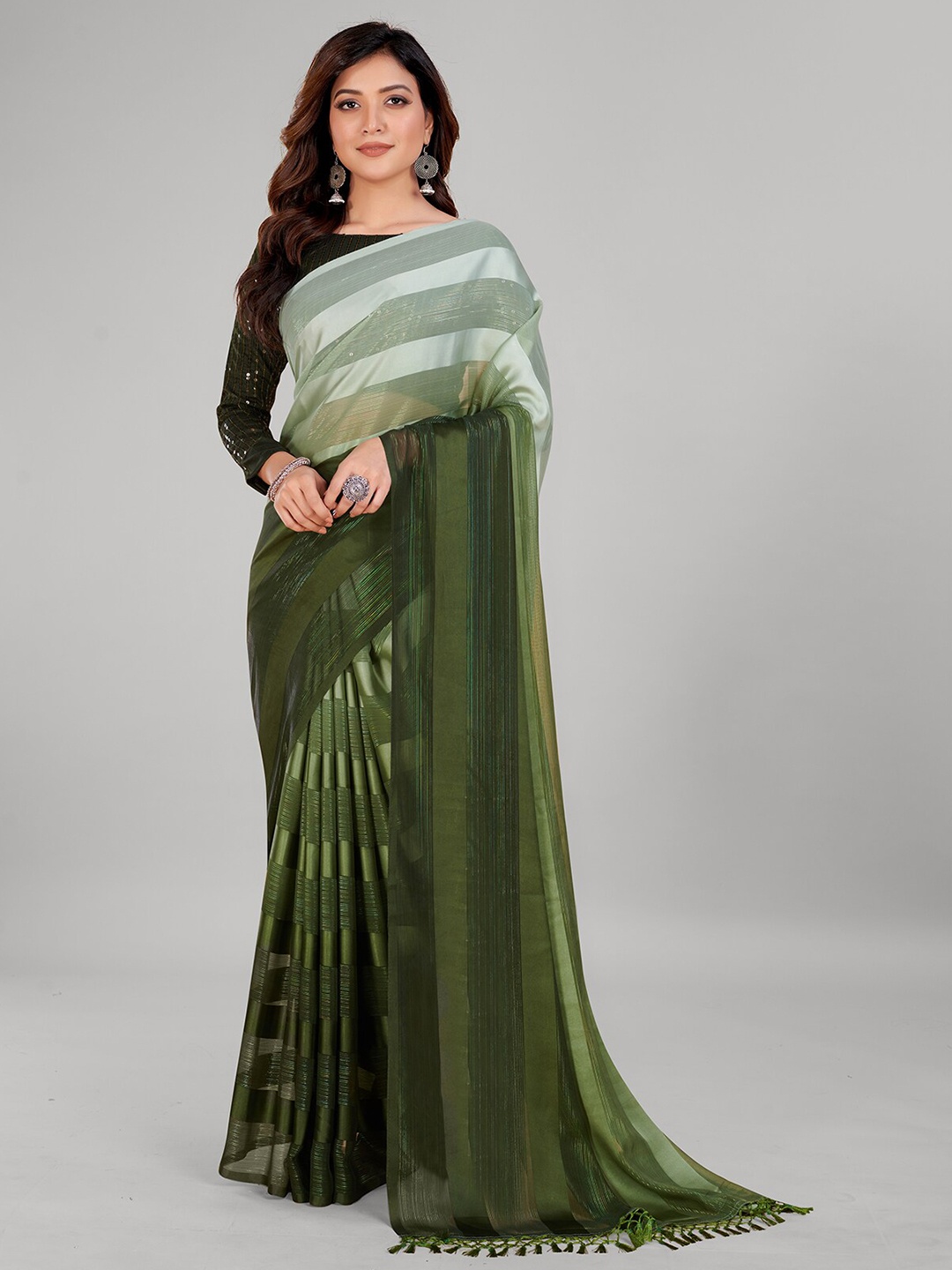 

Granthva Fab Striped Embellished Saree, Green