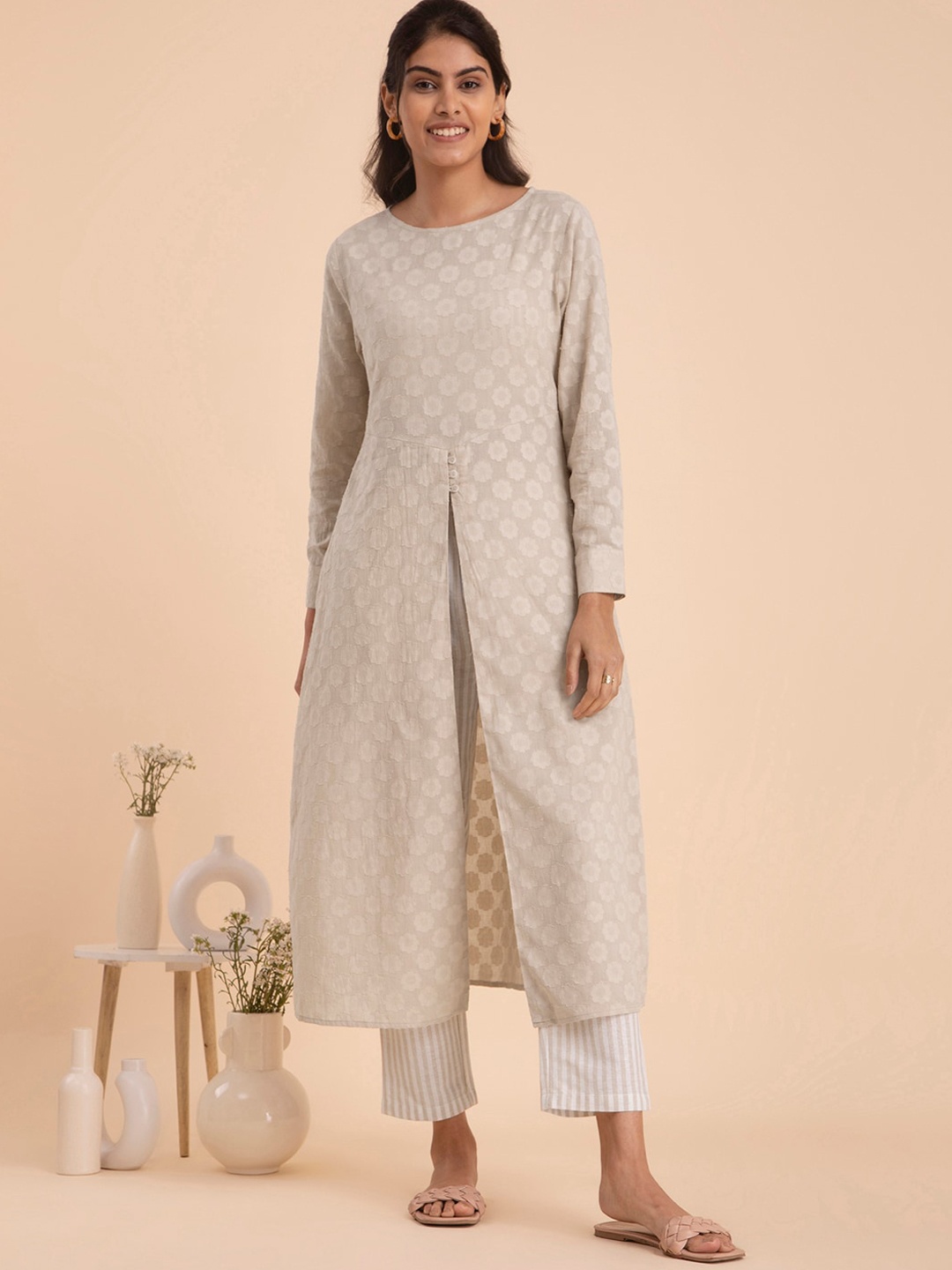 

Pink Fort Woven Design Pure Cotton A-Line Kurta, Beige