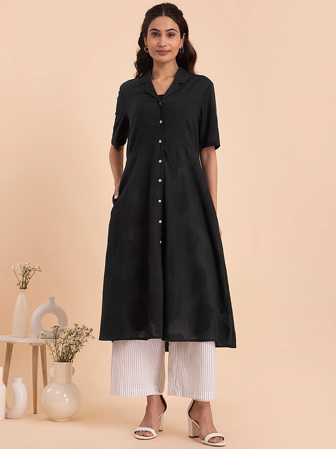

Pink Fort Floral Jacquard Woven Design A-line Cotton Kurta, Black