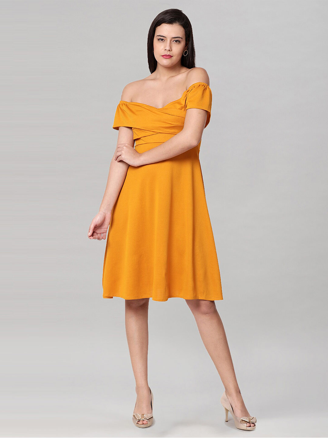 

Selvia Off-Shoulder Fit & Flare Dress, Mustard