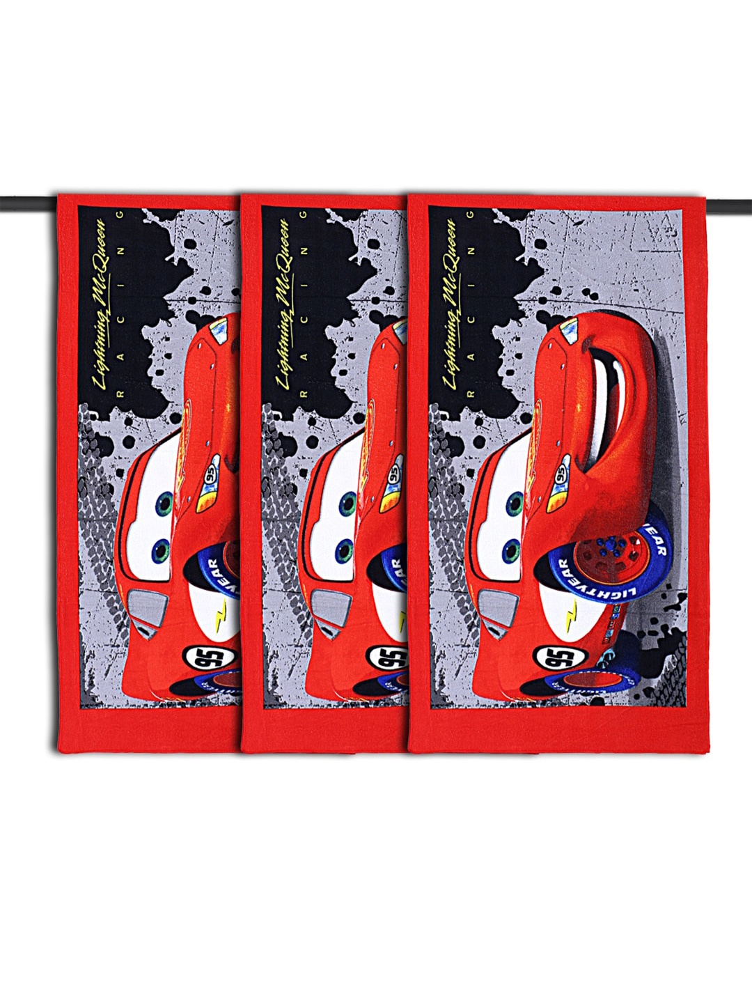 

Kuber Industries Kids Red & White 3 Pcs Fictional Car Printed 120 GSM Cotton Bath Towels