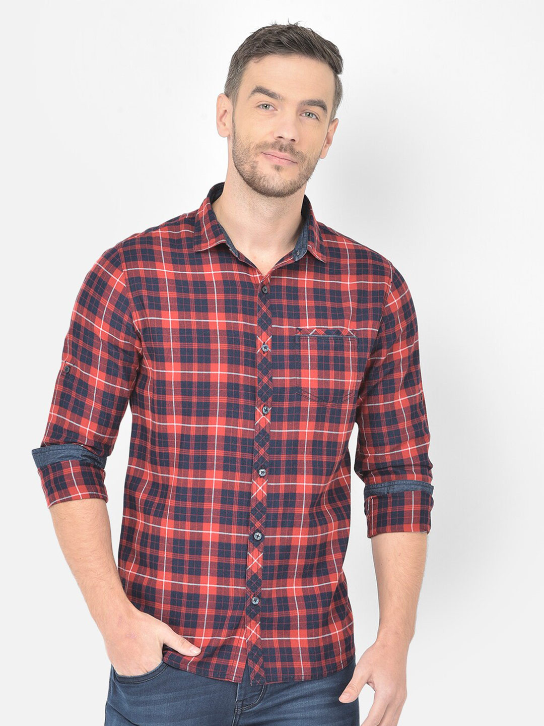 

Canary London Men Cotton Smart Slim Fit Opaque Checked Casual Shirt, Red