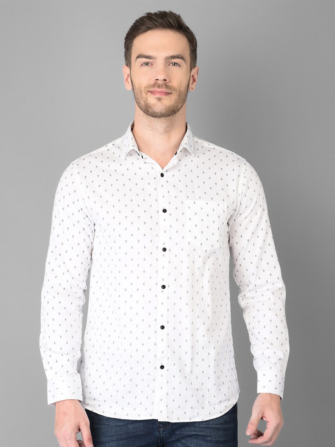 

Canary London Smart Slim Fit Opaque Printed Satin Cotton Casual Shirt, White