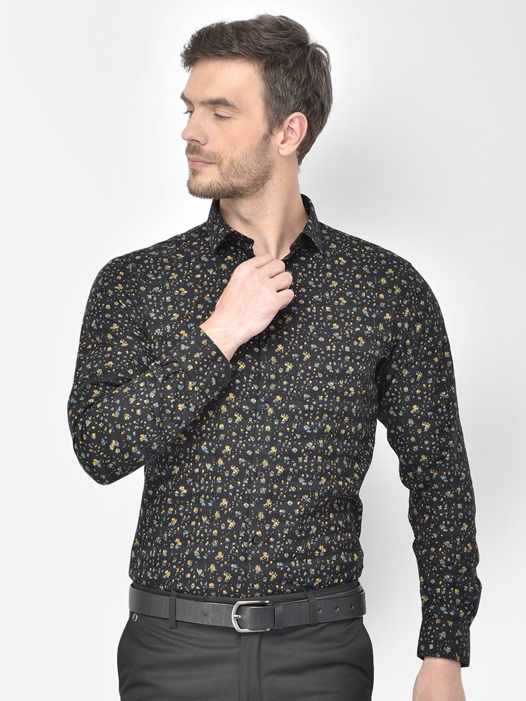 Canary London Smart Slim Fit Floral Opaque Printed Satin Cotton Formal Shirt, Black