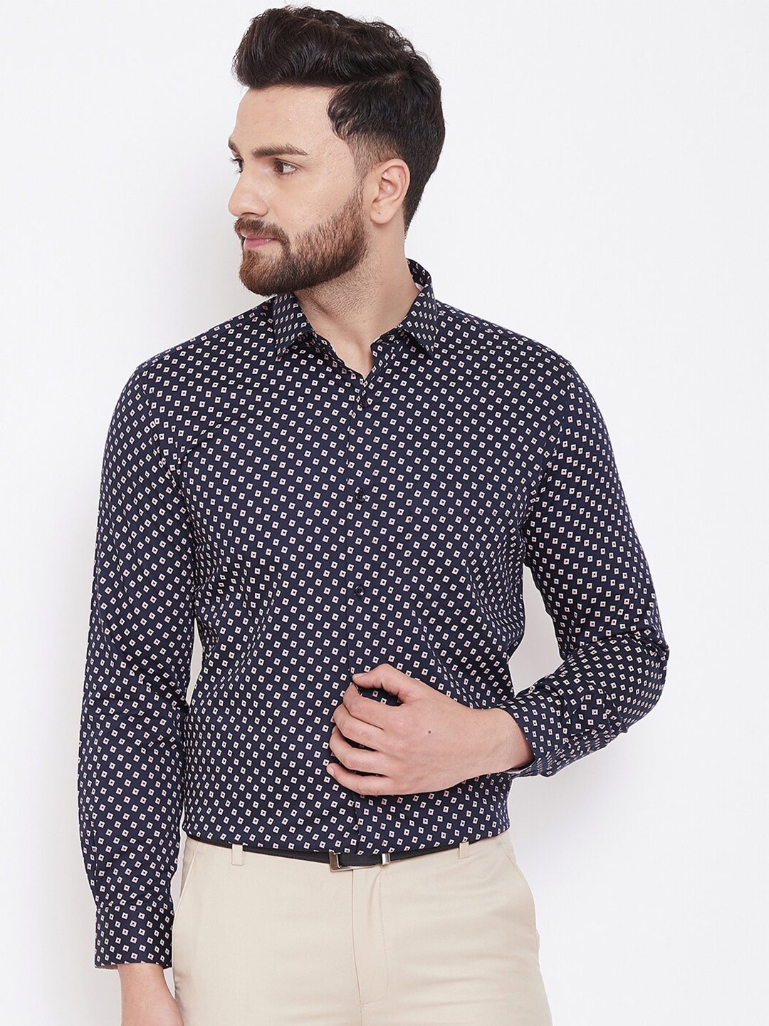 

Canary London Smart Slim Fit Opaque Printed Satin Cotton Formal Shirt, Navy blue