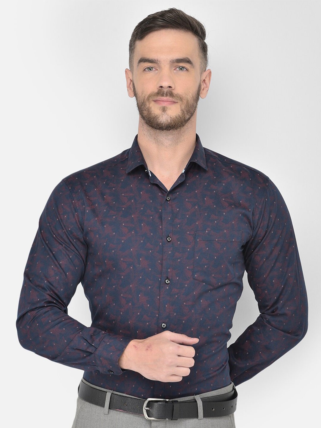 

Canary London Smart Slim Fit Opaque Printed Satin Cotton Formal Shirt, Navy blue