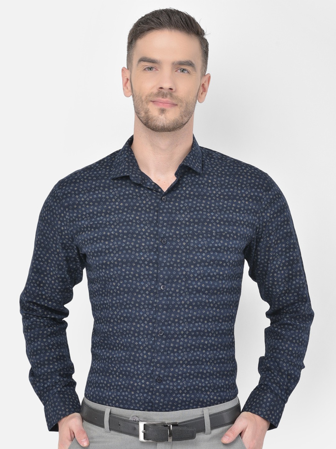 

Canary London Smart Slim Fit Geometric Printed Cotton Formal Shirt, Navy blue