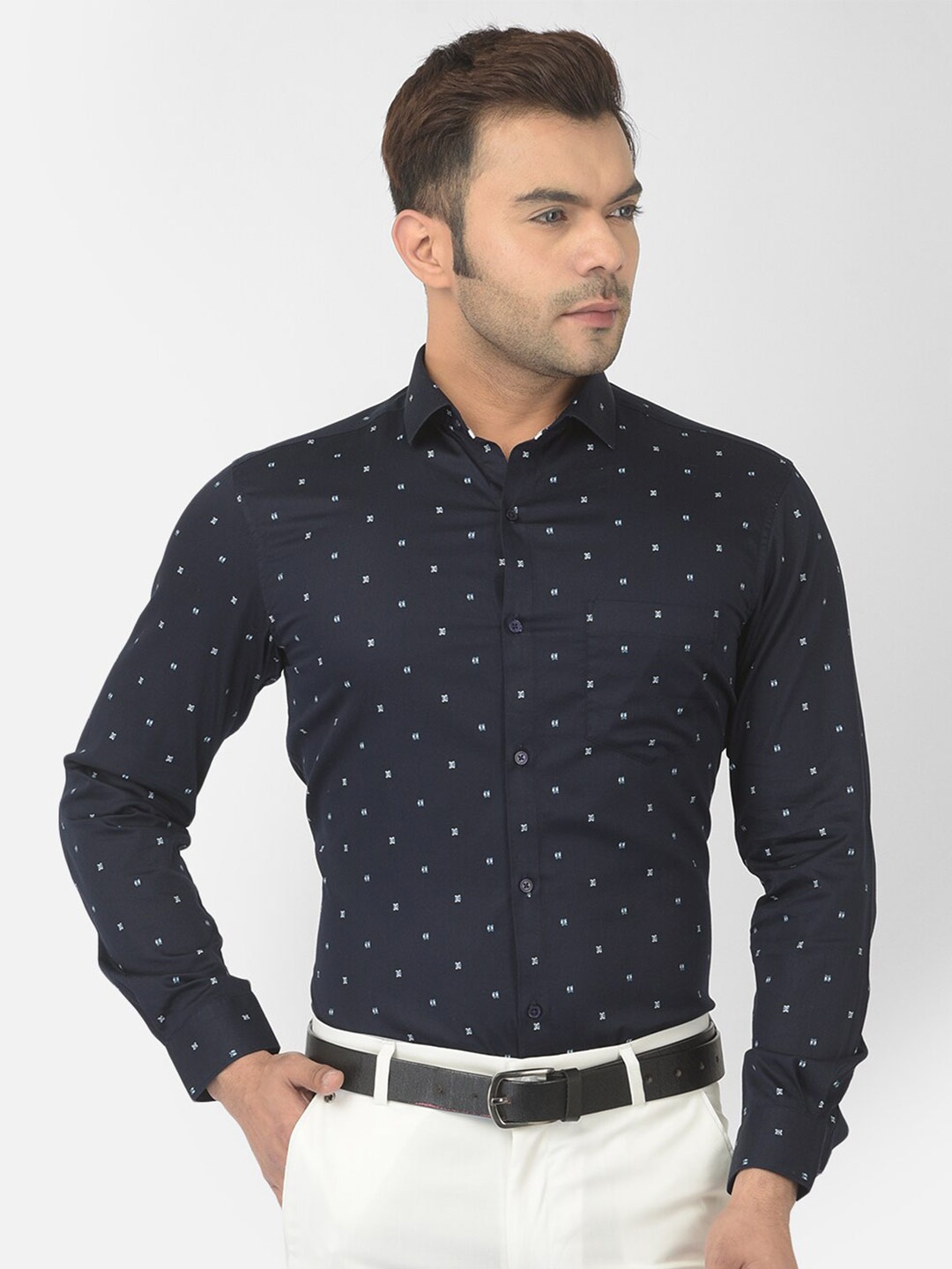 

Canary London Smart Slim Fit Printed Satin Cotton Formal Shirt, Navy blue