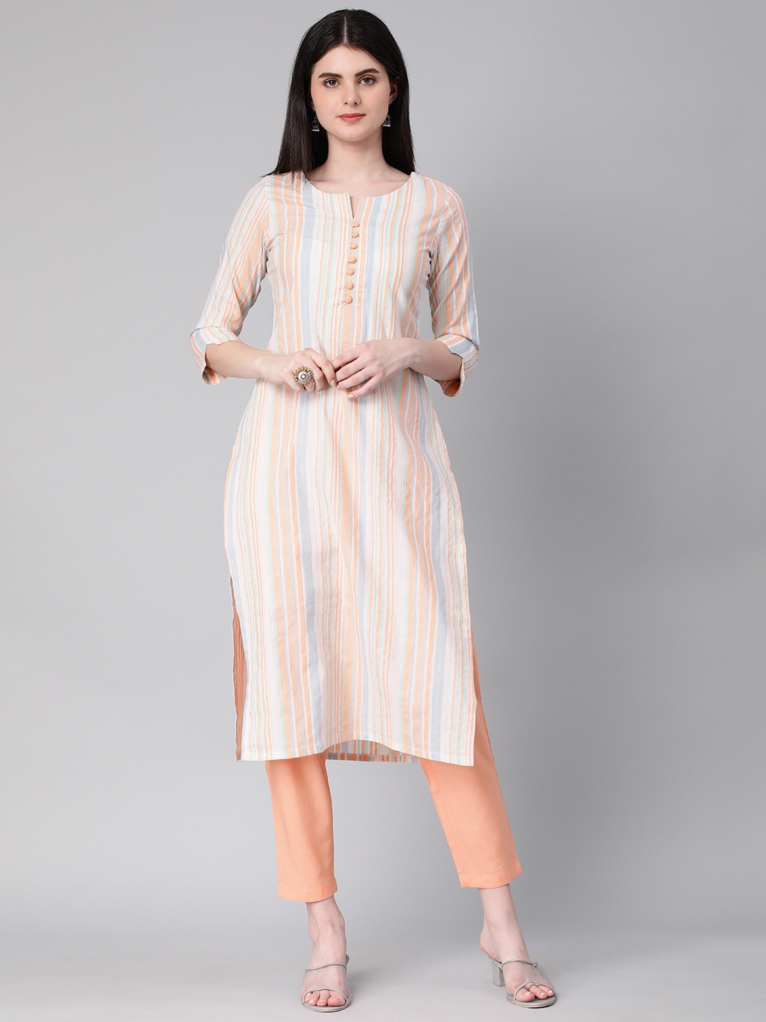 

HRITIKA Striped Regular Pure Cotton Kurta with Trousers, Peach