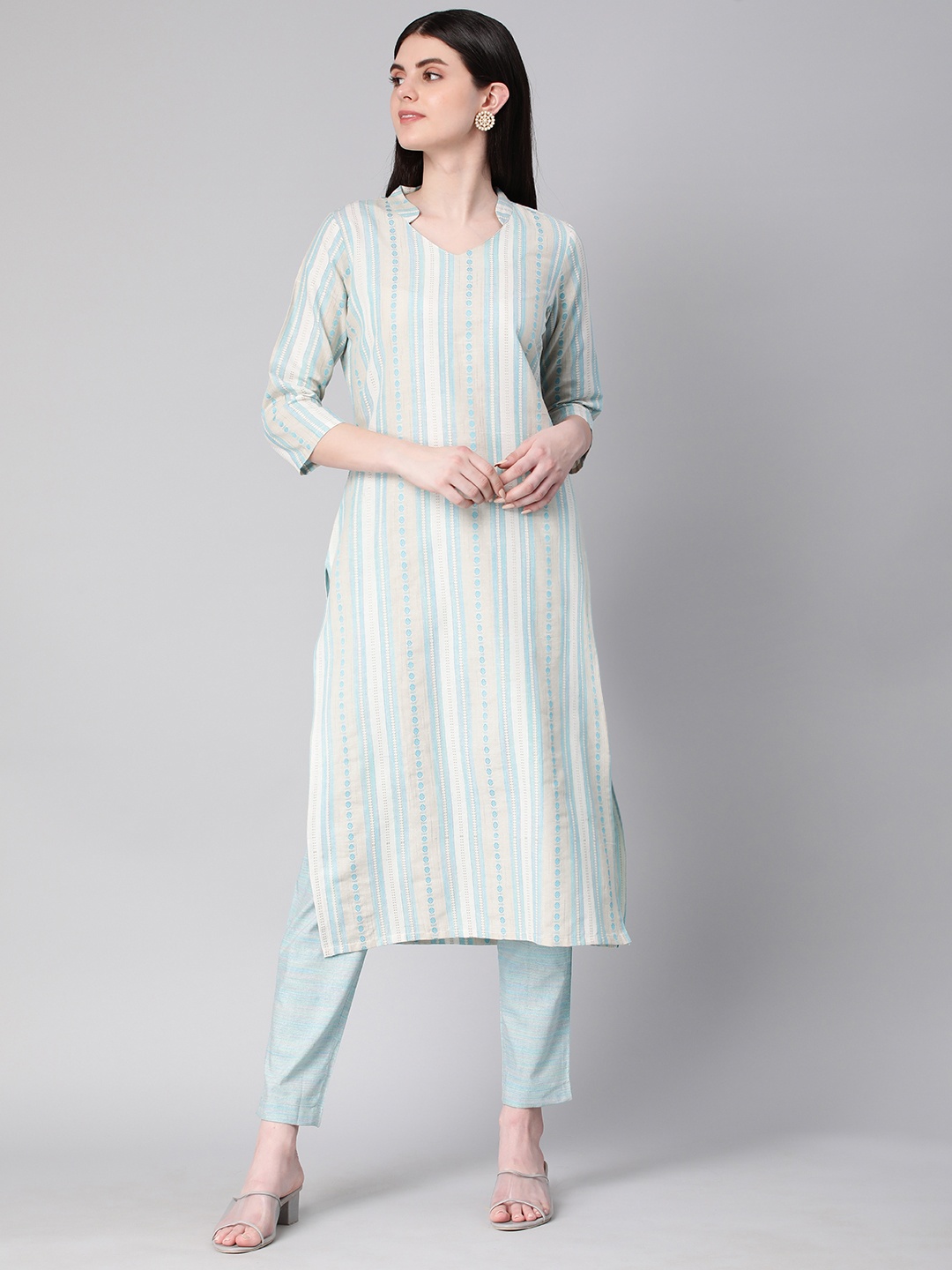 

HRITIKA Striped Regular Pure Cotton Kurta with Trousers, Blue
