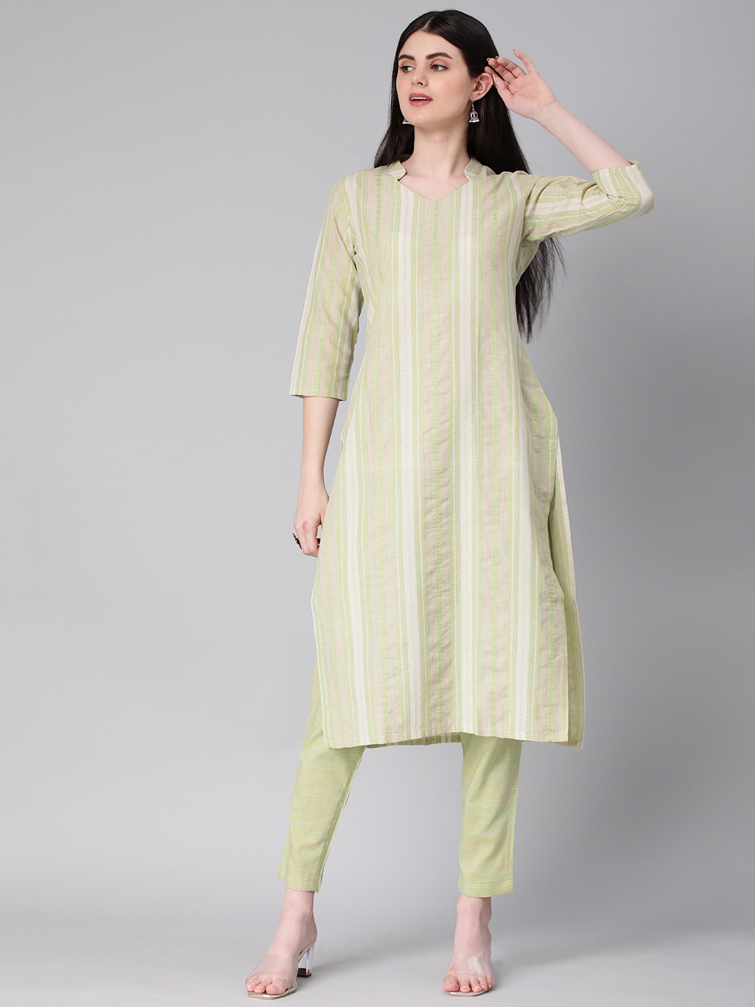 

HRITIKA Striped Regular Pure Cotton Kurta with Trousers, Green