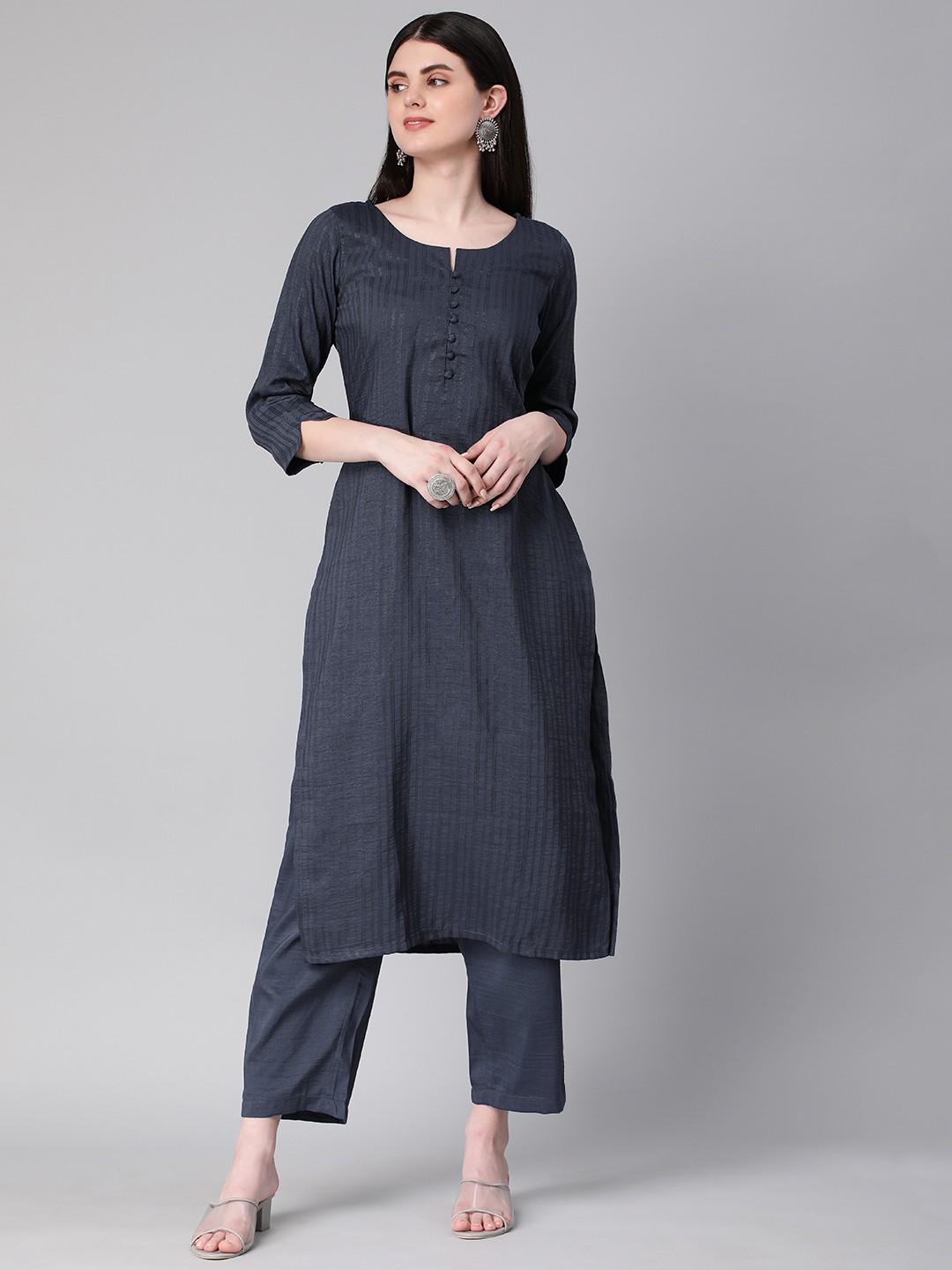 

HRITIKA Striped Regular Pure Cotton Kurta with Trousers, Charcoal