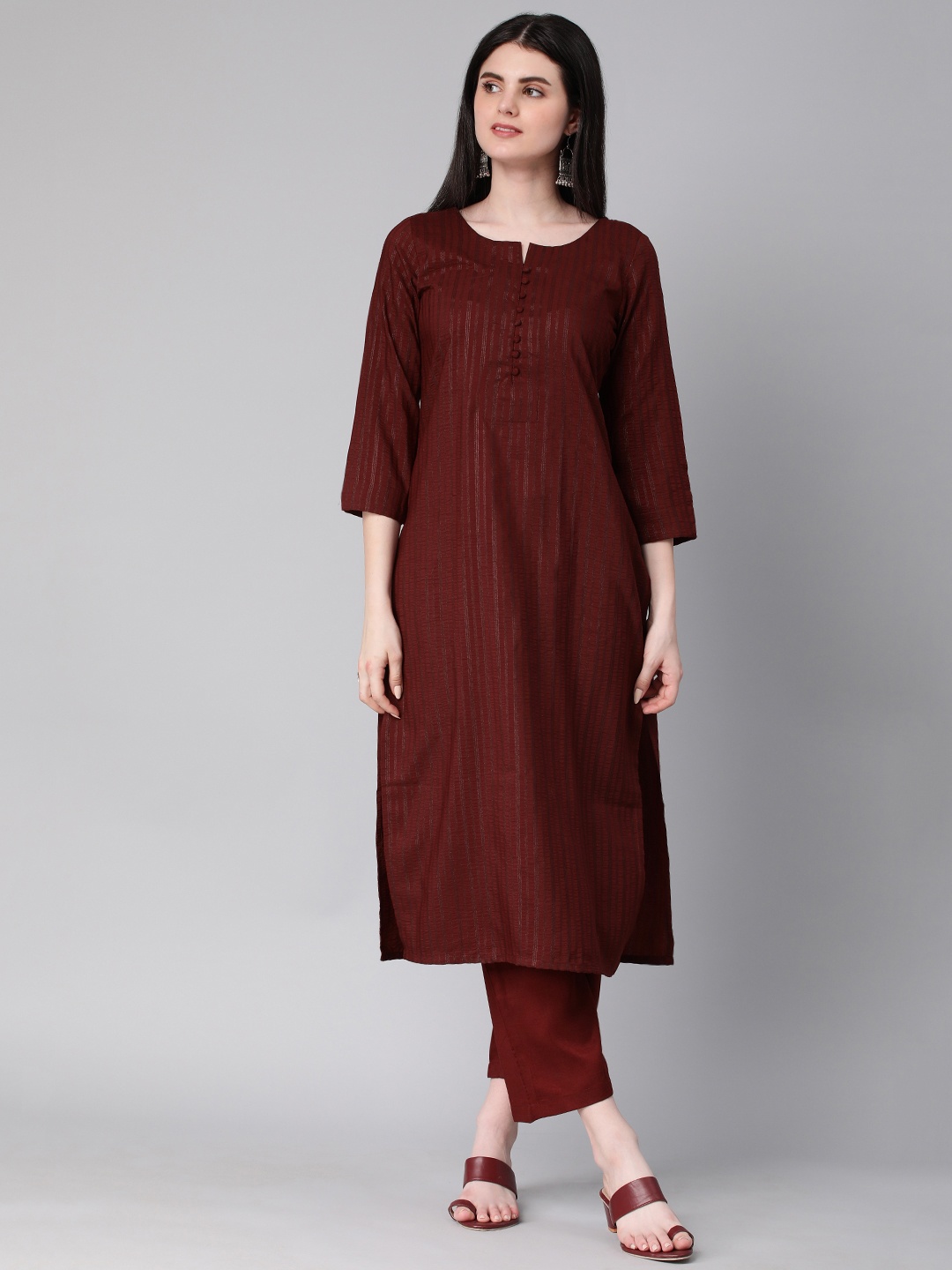 

HRITIKA Regular Pure Cotton Striped Kurta with Trousers, Maroon