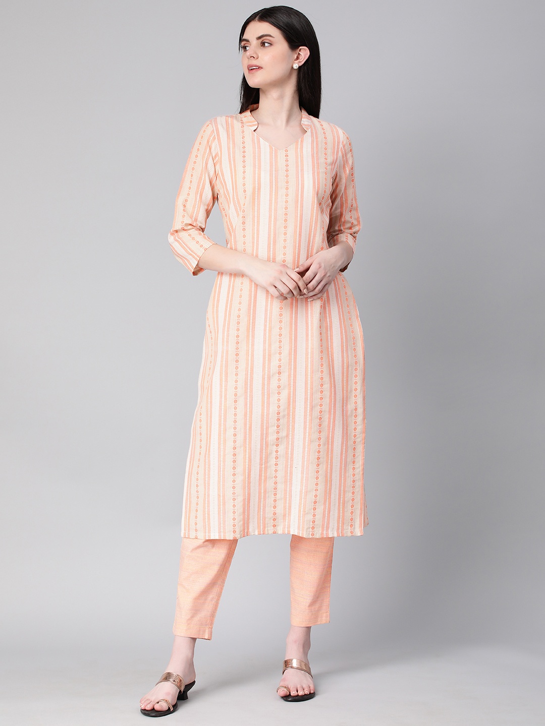 

HRITIKA Striped Regular Pure Cotton Kurta with Trousers, Peach