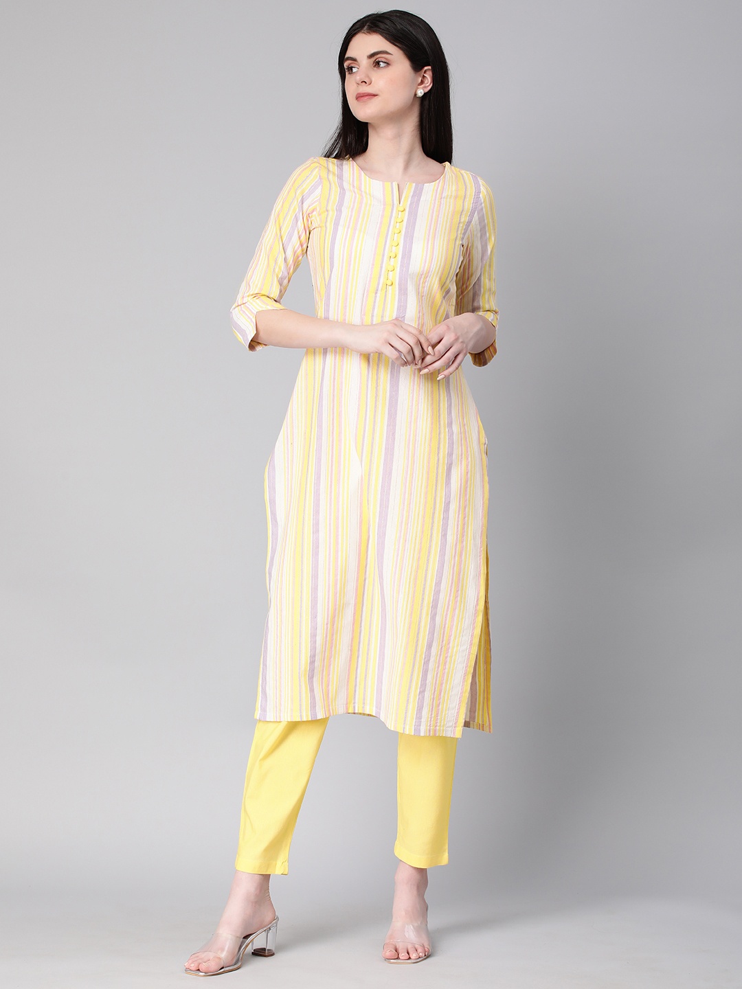 

HRITIKA Striped Regular Pure Cotton Kurta with Trousers, Yellow