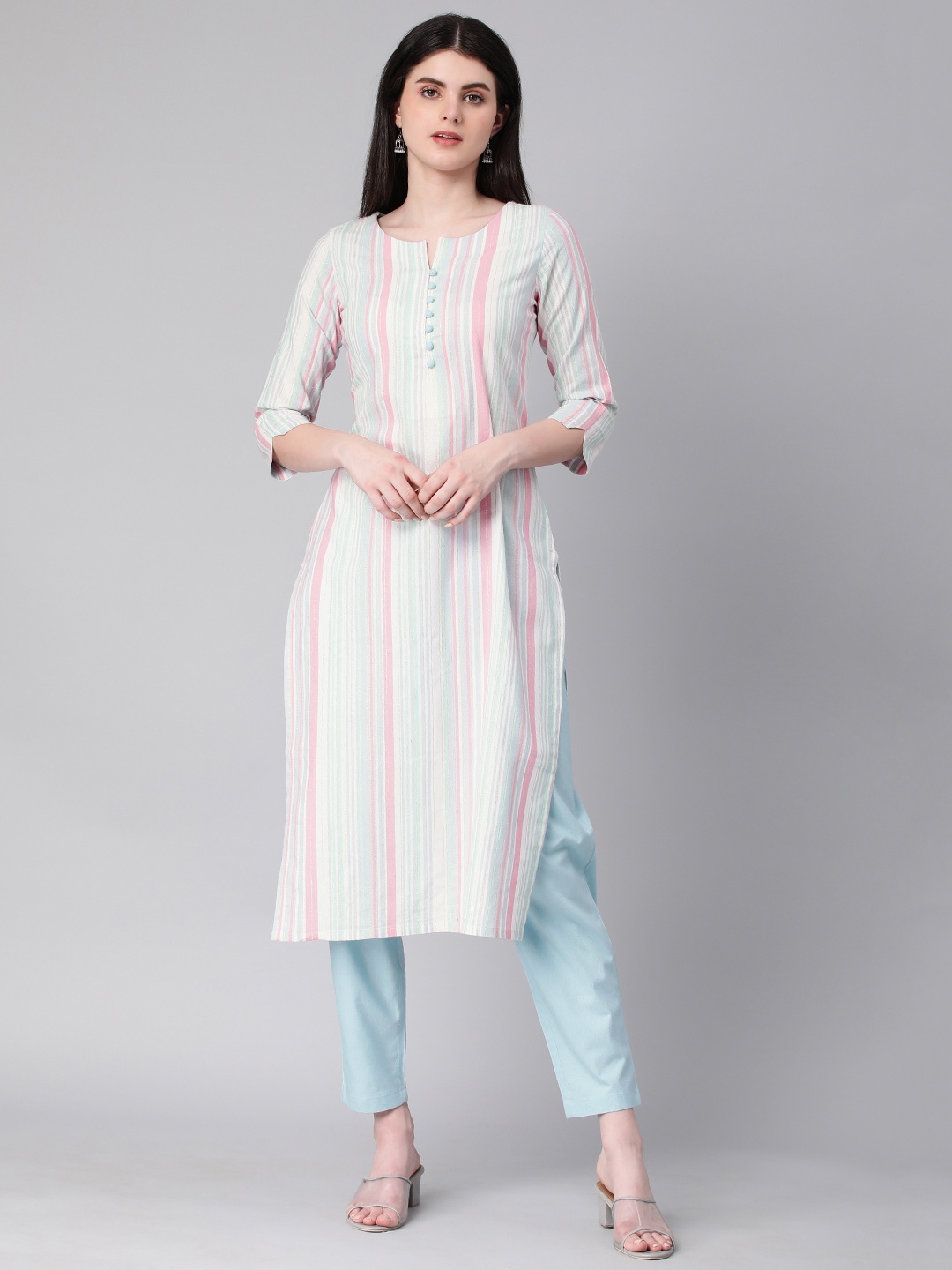 

HRITIKA Striped Regular Pure Cotton Kurta with Trousers, Blue
