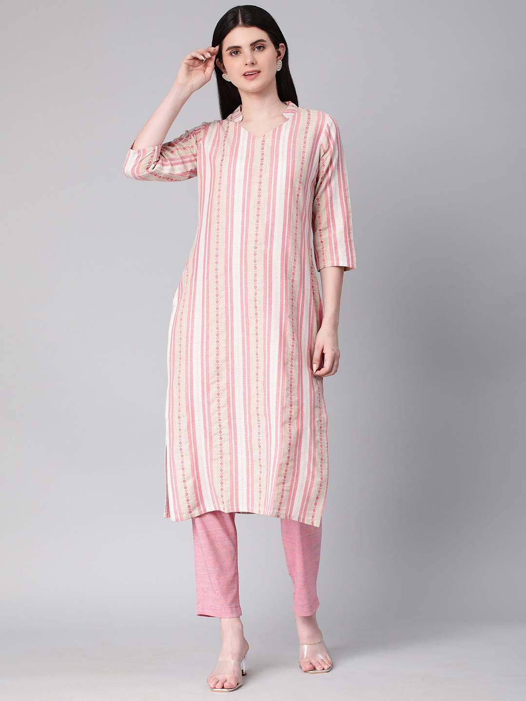 

HRITIKA Striped Regular Pure Cotton Kurta with Trousers, Pink