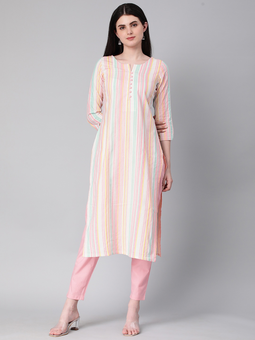 

HRITIKA Striped Regular Pure Cotton Kurta with Trousers, Pink