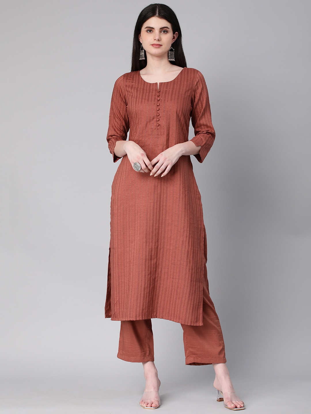 

HRITIKA Regular Pure Cotton Striped Kurta with Trousers, Rust