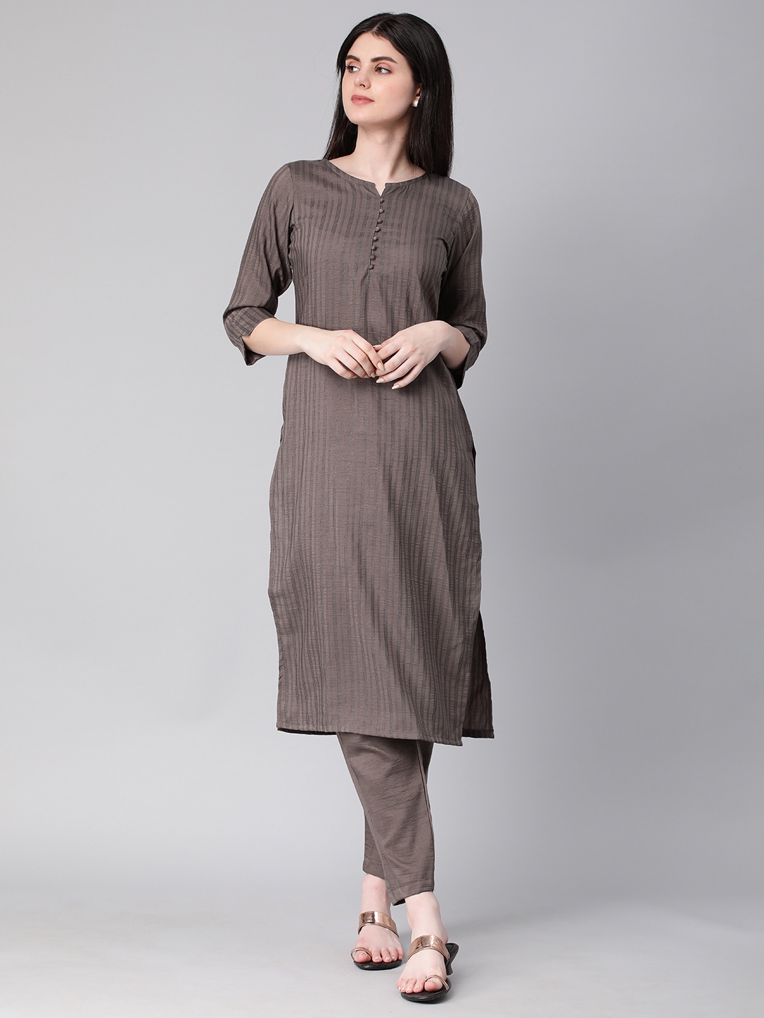 

HRITIKA Pure Cotton Striped Kurta with Trousers, Brown