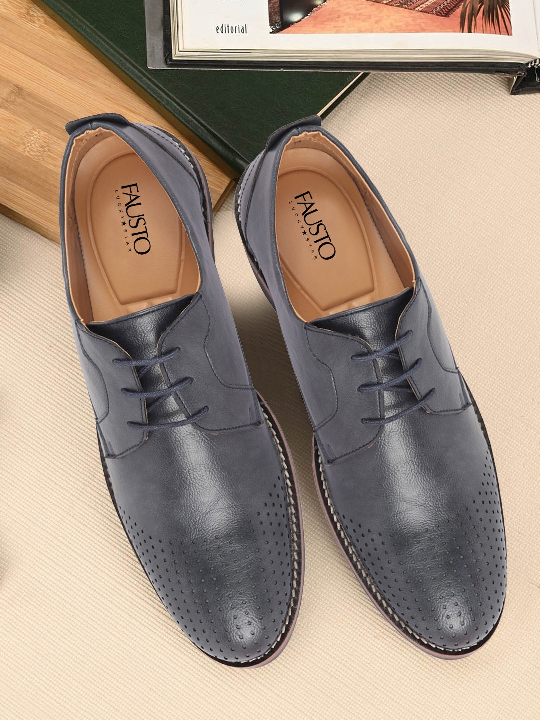 

FAUSTO Men Textured Perforated Shock Absorbent Formal Derbys, Navy blue