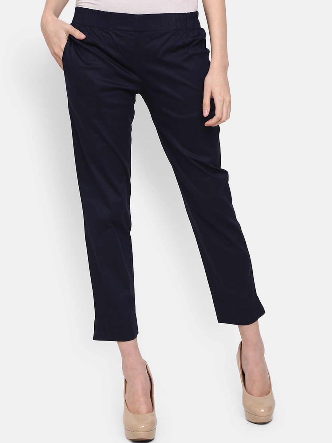 

V-Mart Women Cotton Lycra Mid-Rise Classic Trousers, Navy blue