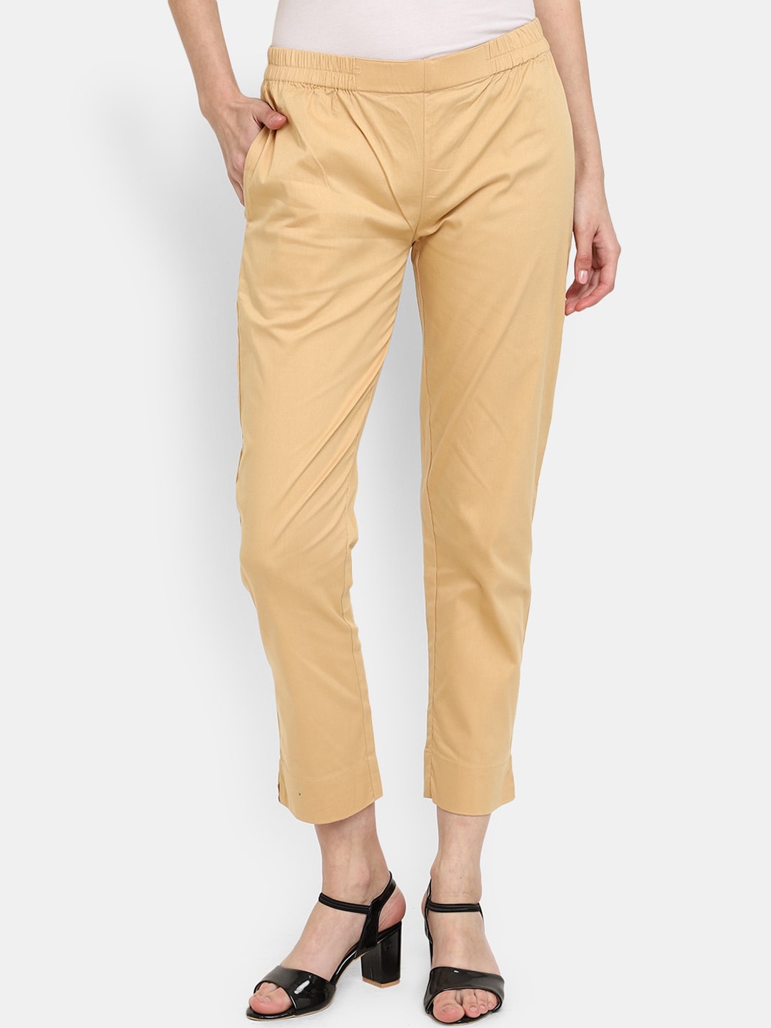 

V-Mart Women Classic Cropped Cotton Cigarette Trousers, Beige