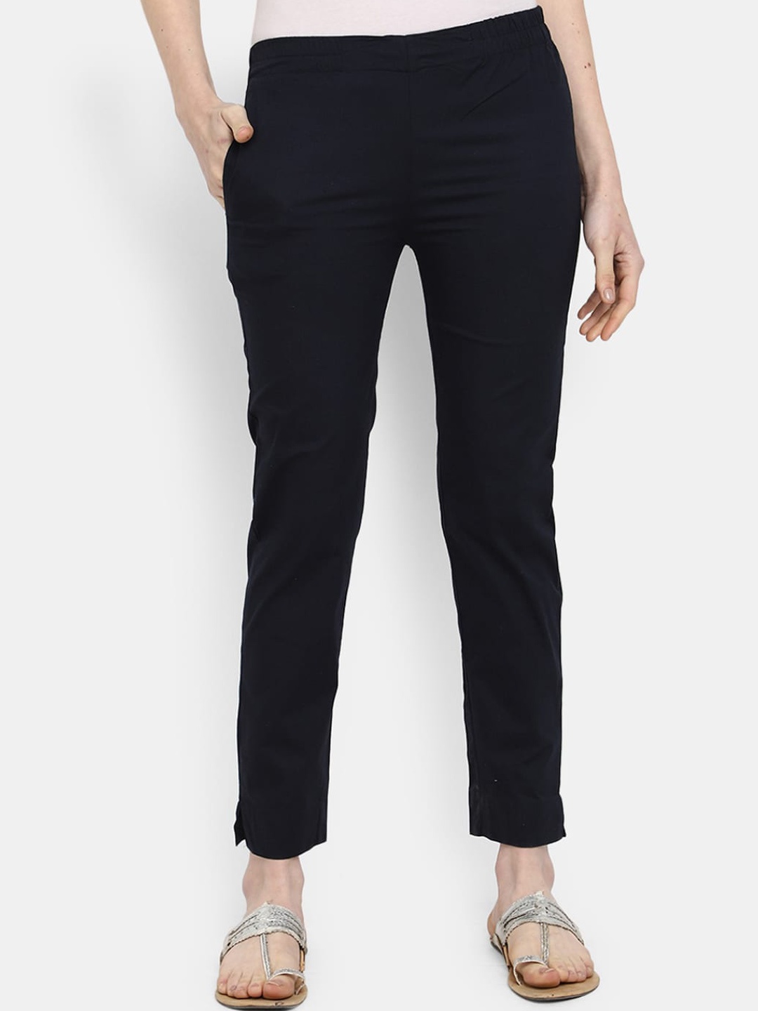 

V-Mart Cotton Lycra Mid-Rise Cropped Classic Trousers, Navy blue