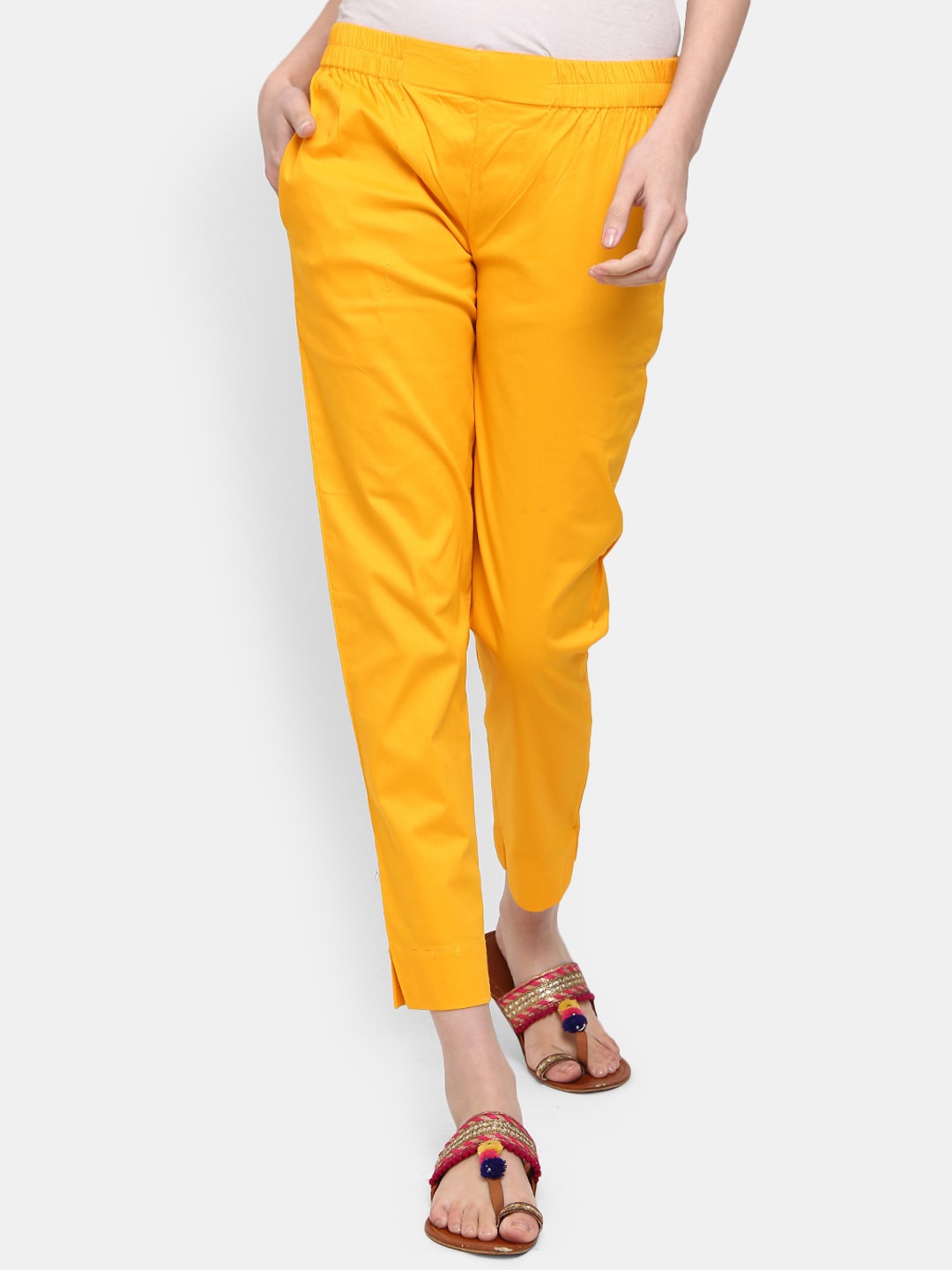 

V-Mart Women Cotton Lycra Mid-Rise Classic Trousers, Yellow