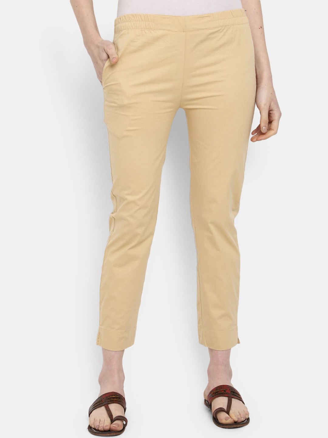 

V-Mart Women Mid-Rise Classic Cotton Lycra Trousers, Beige