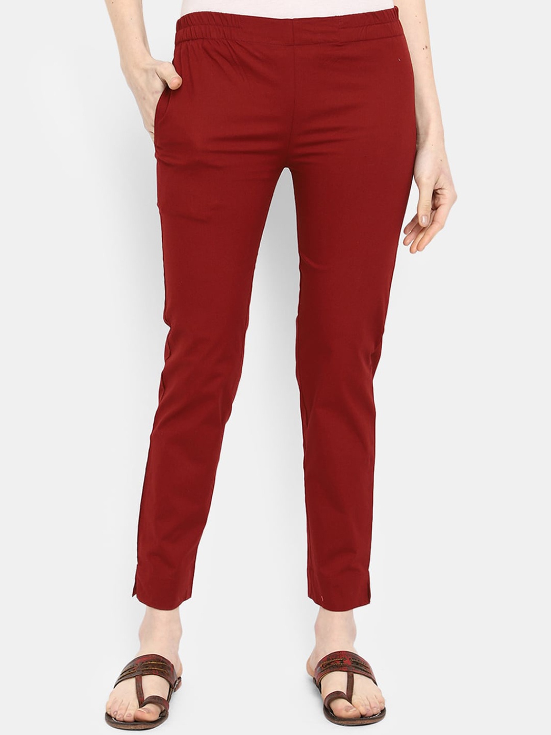 

V-Mart Women Classic Cropped Cotton Cigarette Trousers, Maroon