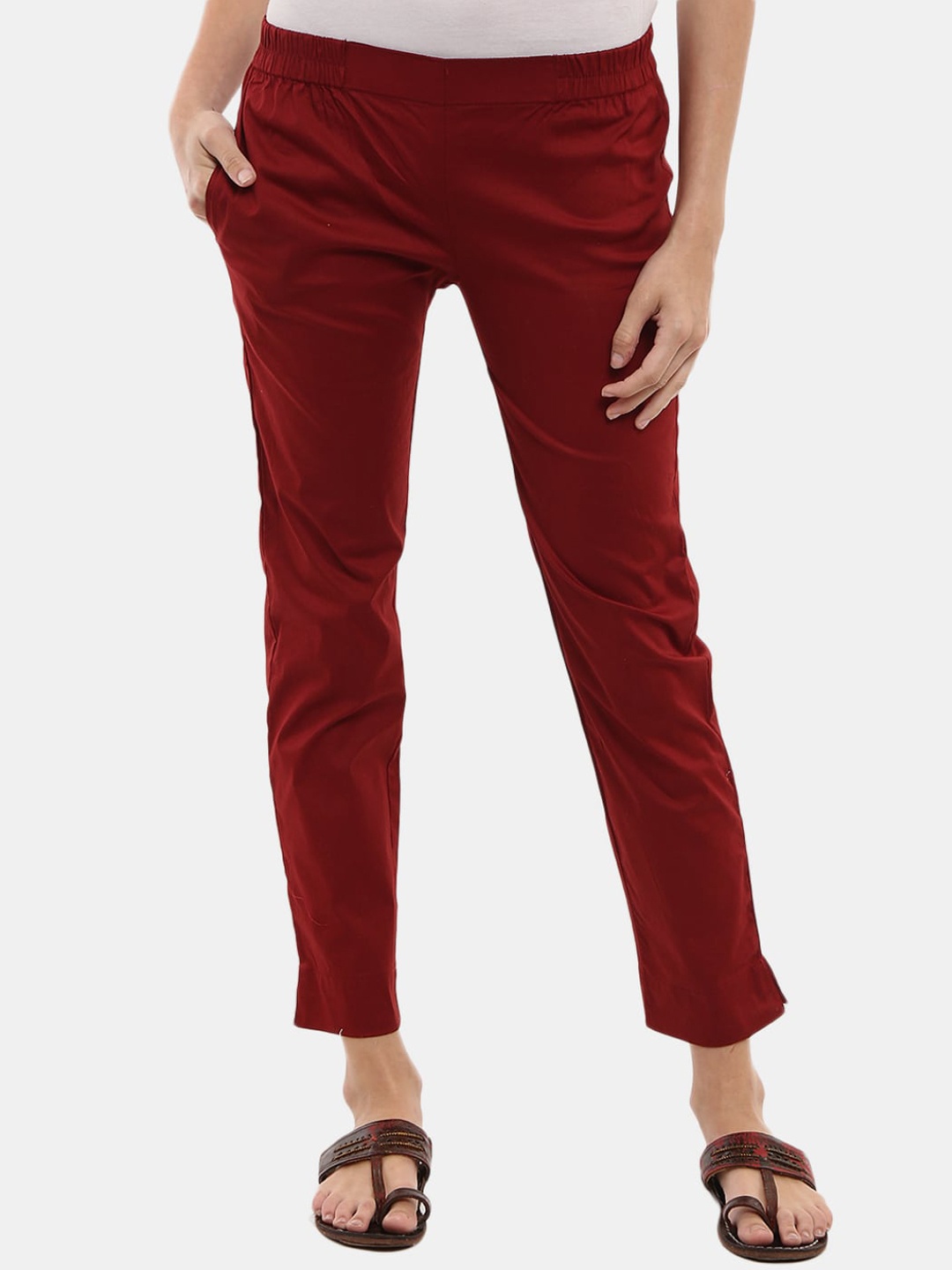 

V-Mart Flat-Front Cotton Lycra Cropped Cigarette Trousers, Maroon