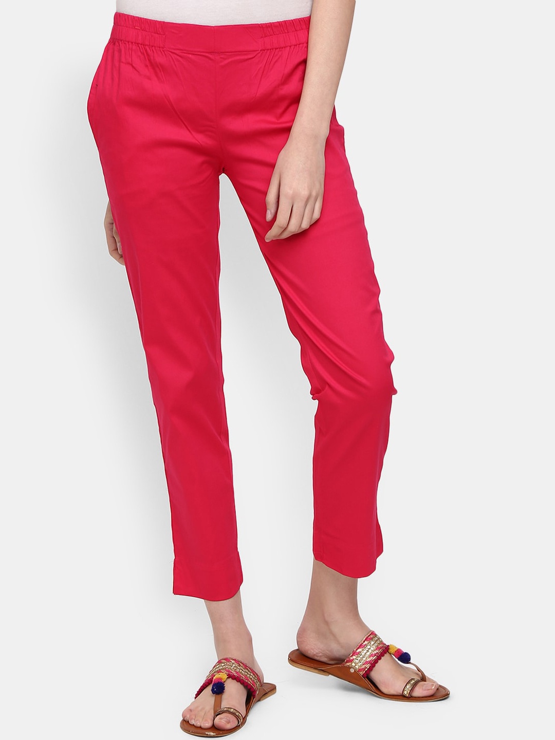 

V-Mart Flat-Front Cotton Lycra Cropped Cigarette Trousers, Fuchsia