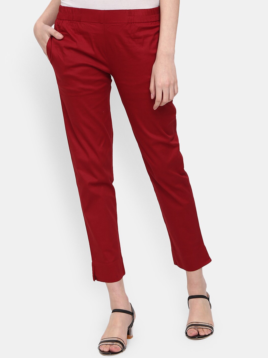 

V-Mart Women Cotton Lycra Mid-Rise Classic Trousers, Maroon