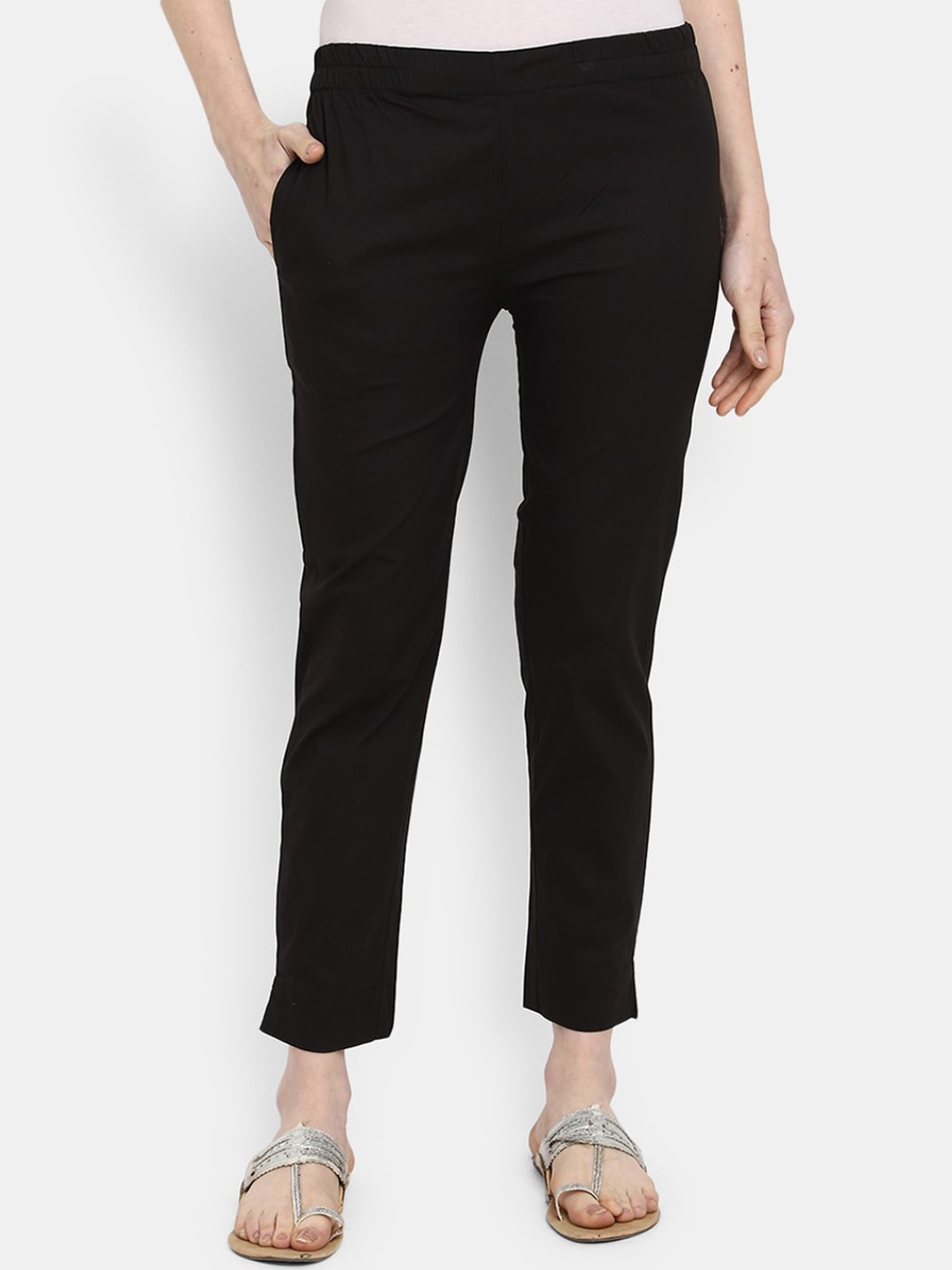 

V-Mart Women Cotton Lycra Mid-Rise Flat-Front Plain Classic Trousers, Black