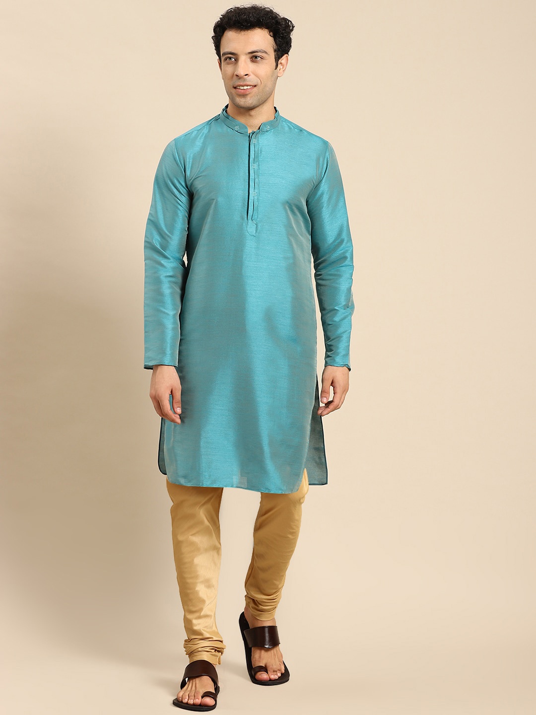 

Amodh by Kisah Mandarin Collar Cotton Straight Regular Kurta, Teal