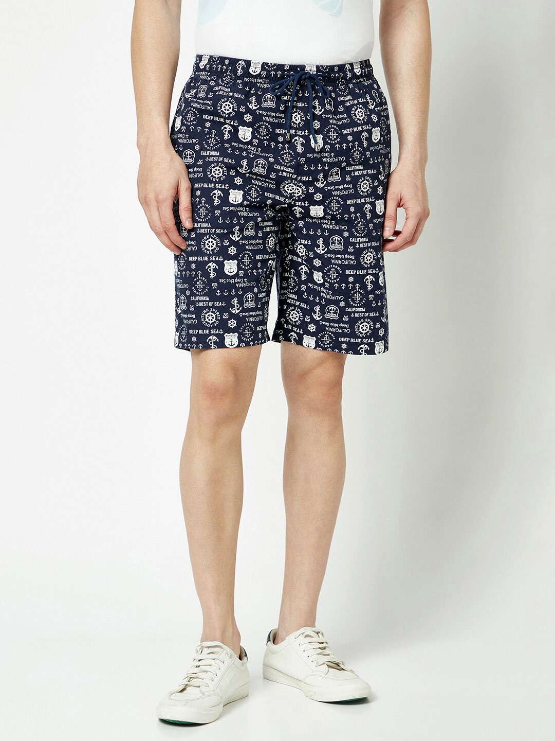 

Crimsoune Club Men Graphic Printed Pure Cotton Mid Rise Lounge Shorts, Navy blue