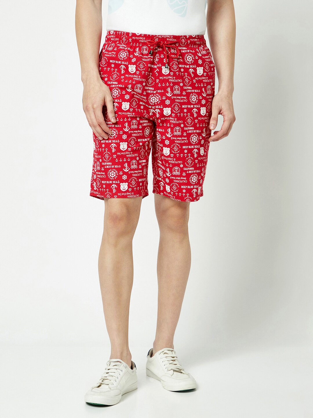 

Crimsoune Club Men Graphic Printed Pure Cotton Mid Rise Lounge Shorts, Red