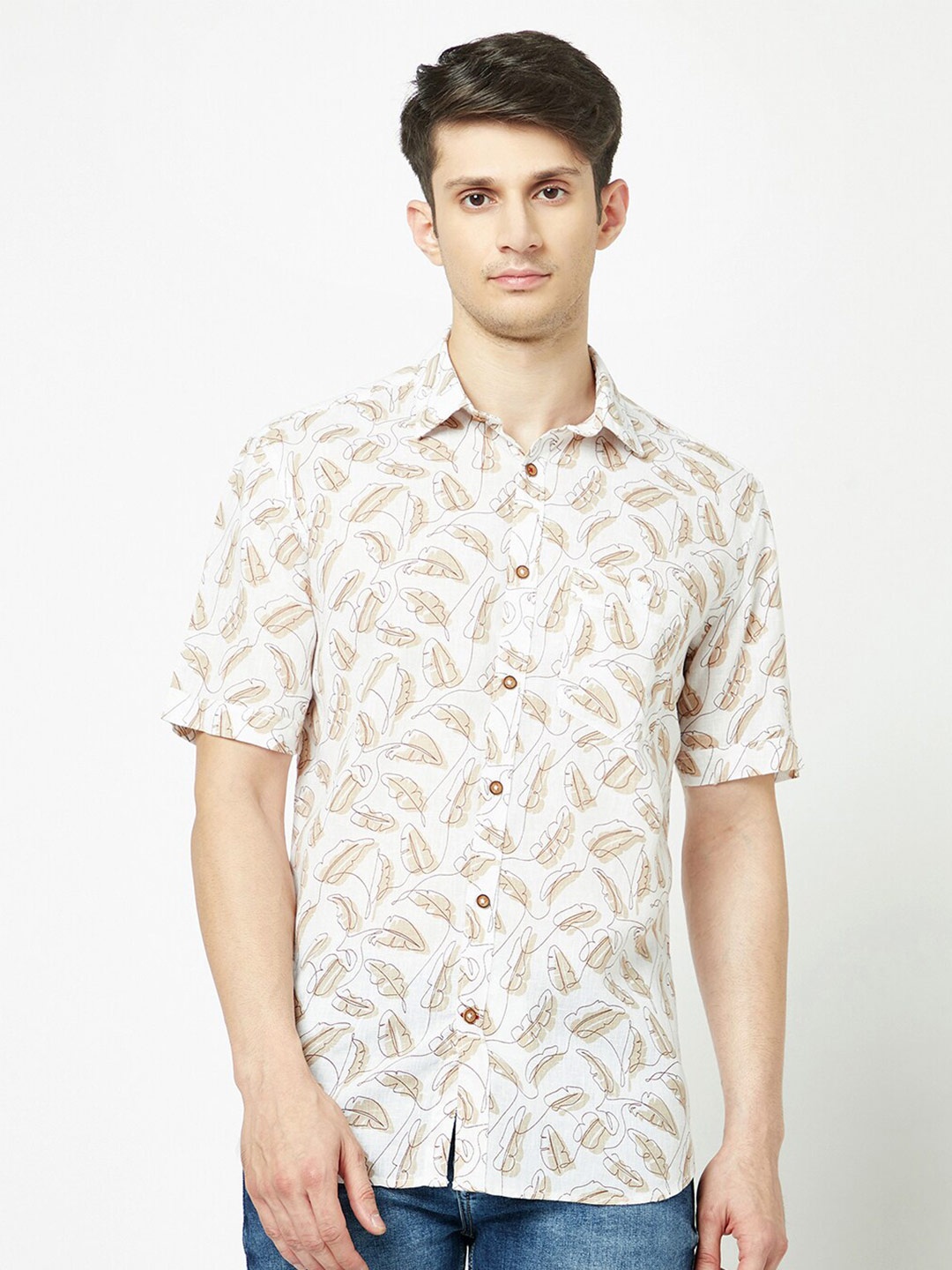 

Crimsoune Club Slim Fit Tropical Printed Casual Shirt, Off white