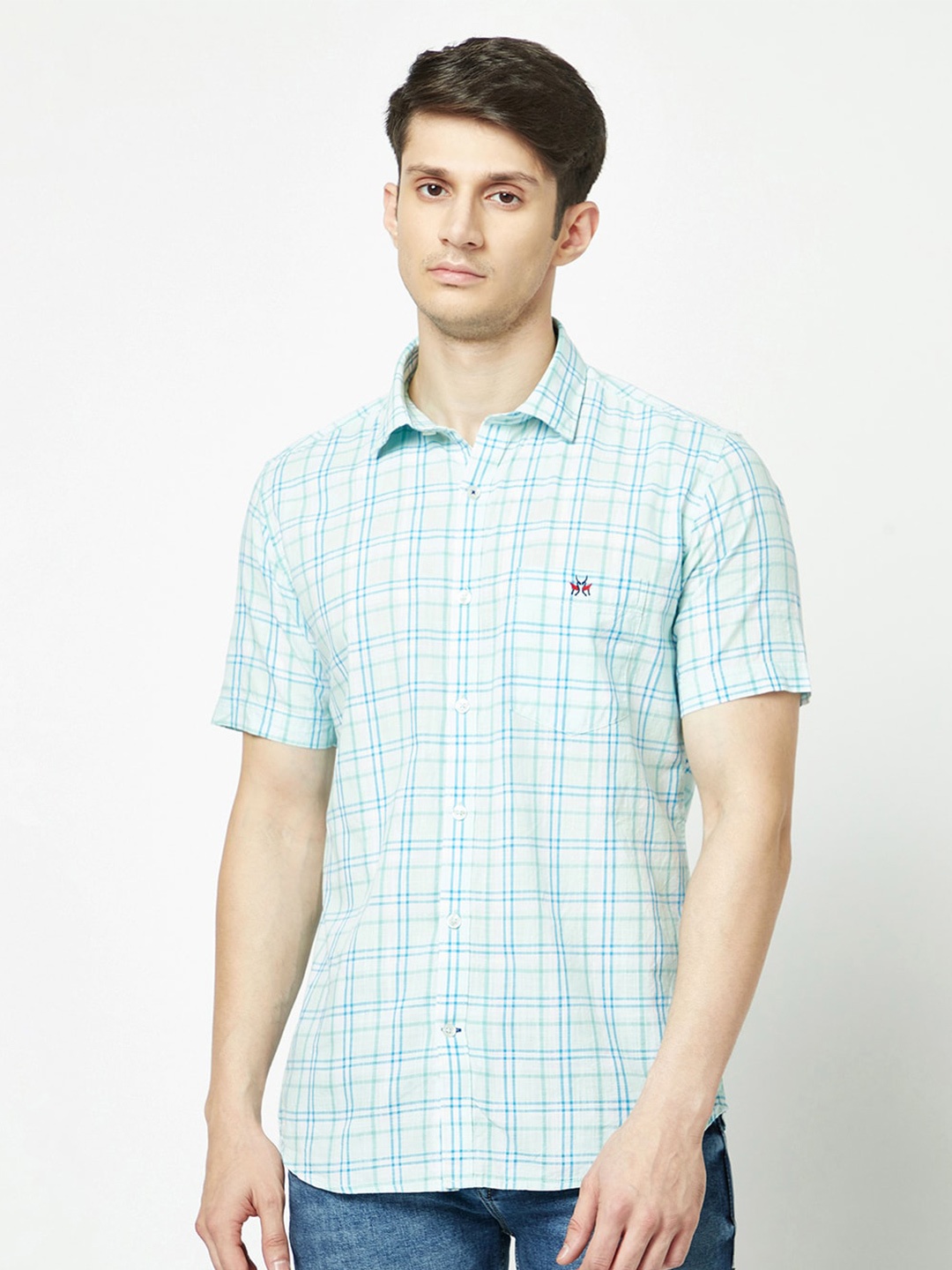 

Crimsoune Club Checks Slim Fit Cotton Casual Shirt, Green