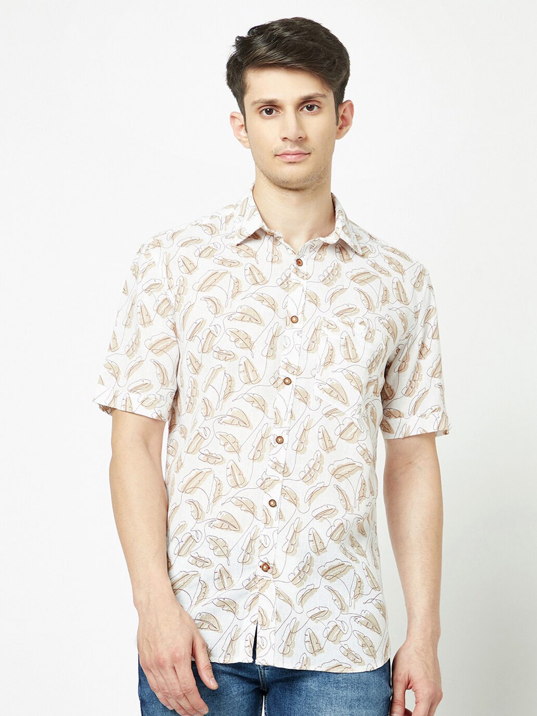 

Crimsoune Club Slim Fit Tropical Printed Casual Shirt, White