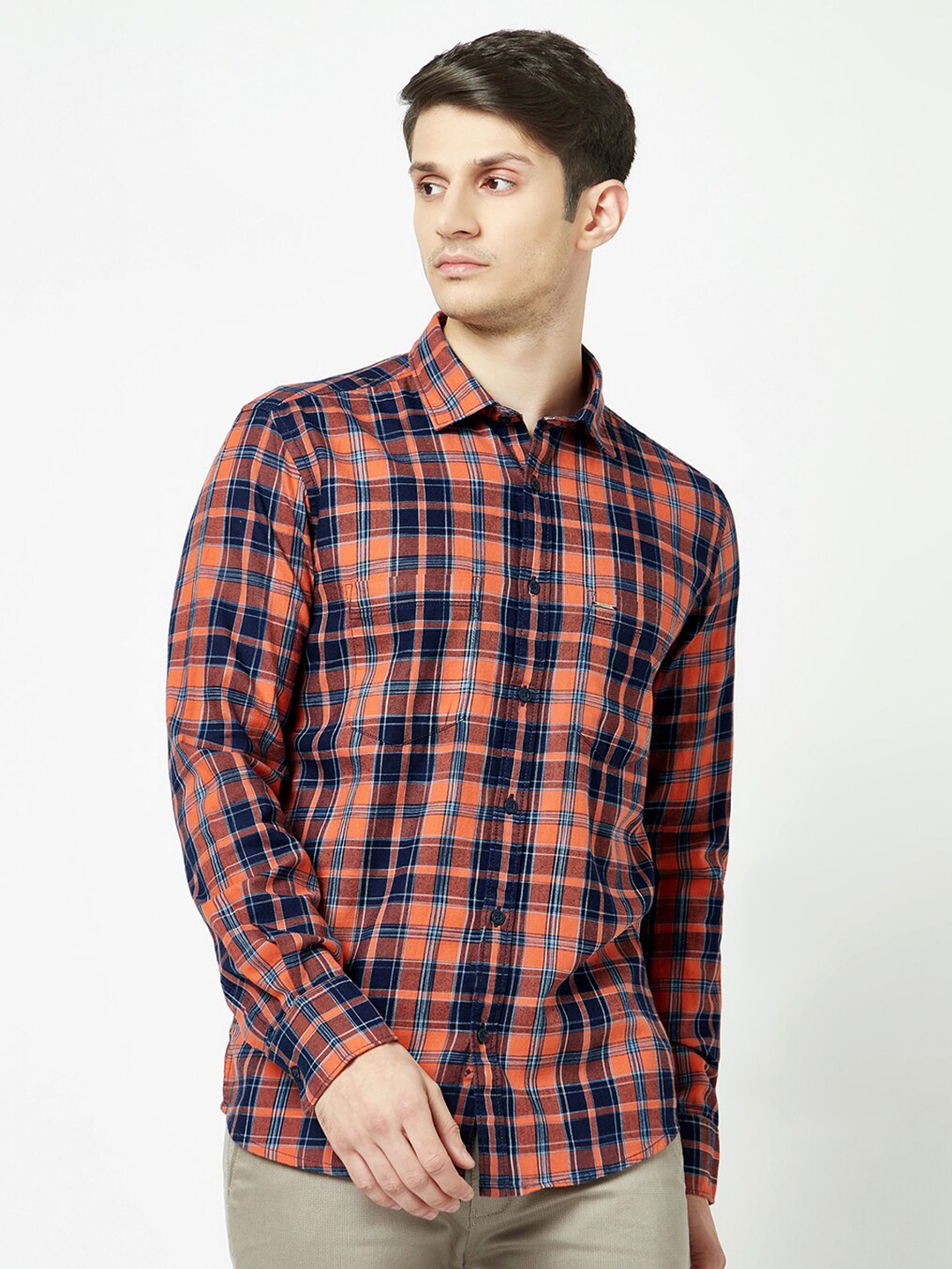 

Crimsoune Club Slim Fit Tartan Checks Checked Pure Cotton Casual Shirt, Orange