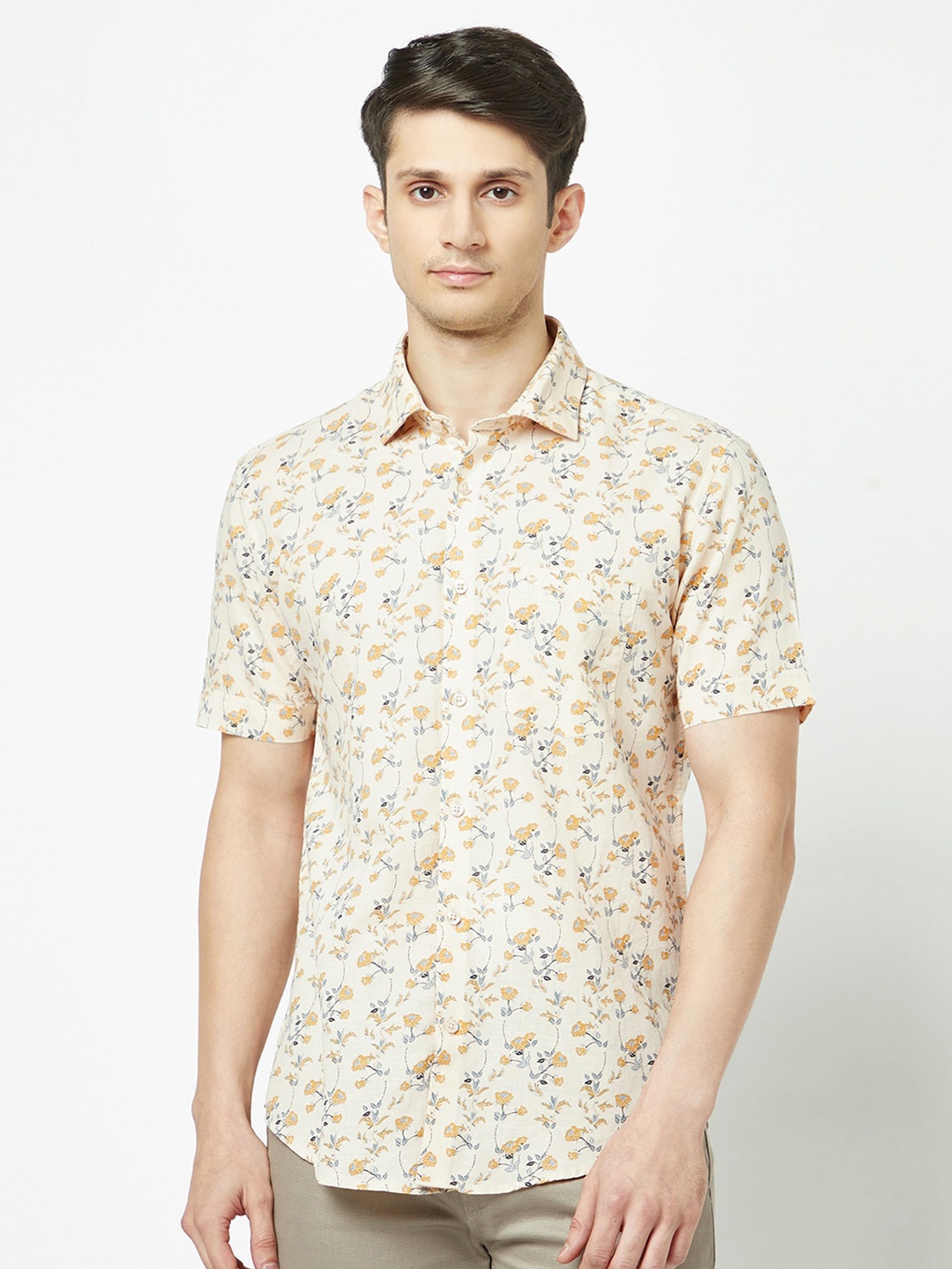 

Crimsoune Club Floral Printed Cotton Linen Slim Fit Casual Shirt, Beige