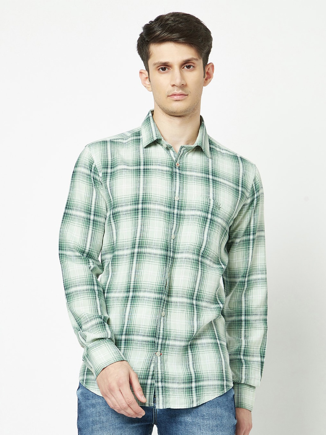

Crimsoune Club Tartan Checks Slim Fit Casual Shirt, Green