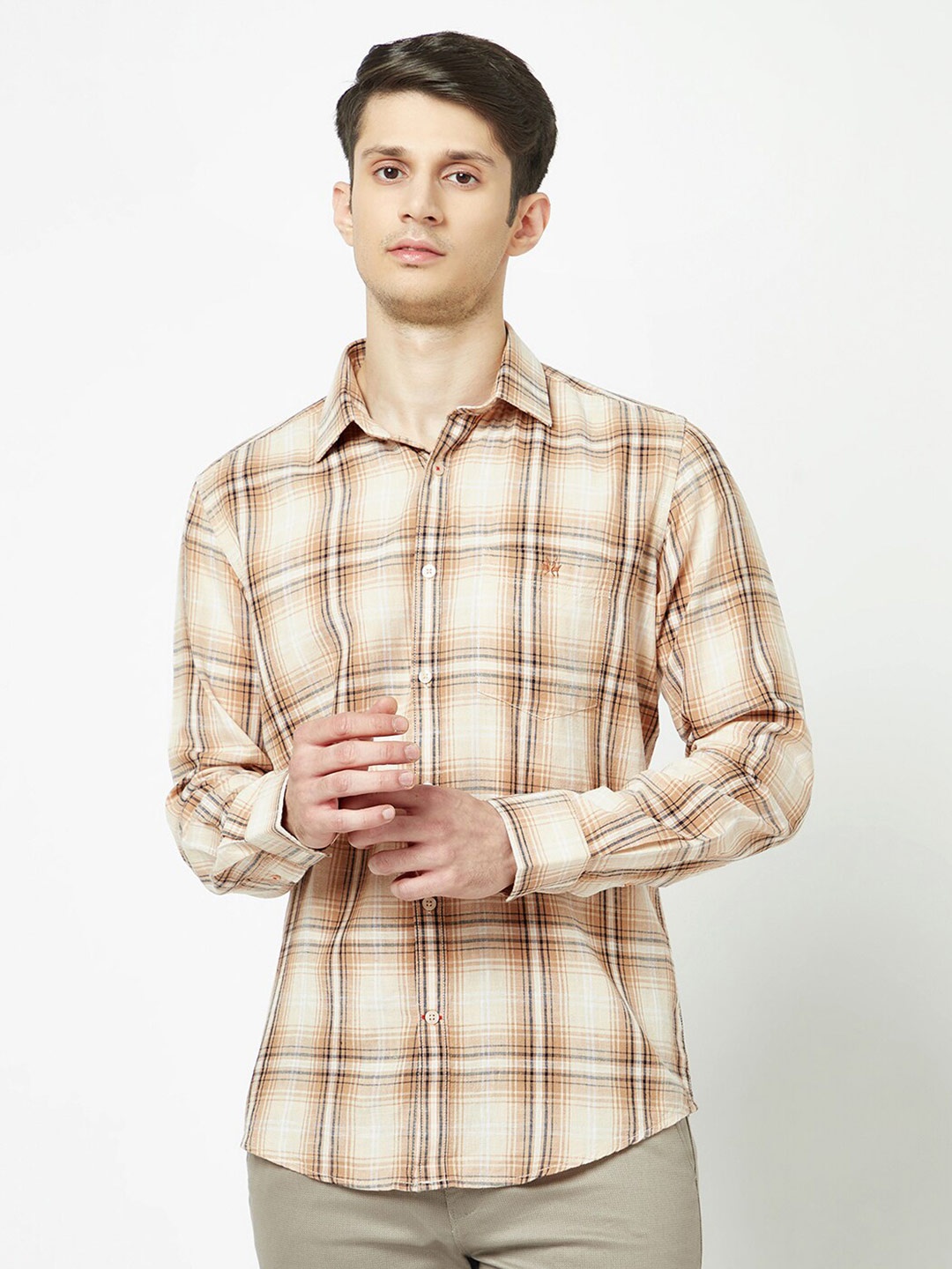 

Crimsoune Club Tartan Checks Slim Fit Casual Shirt, Brown