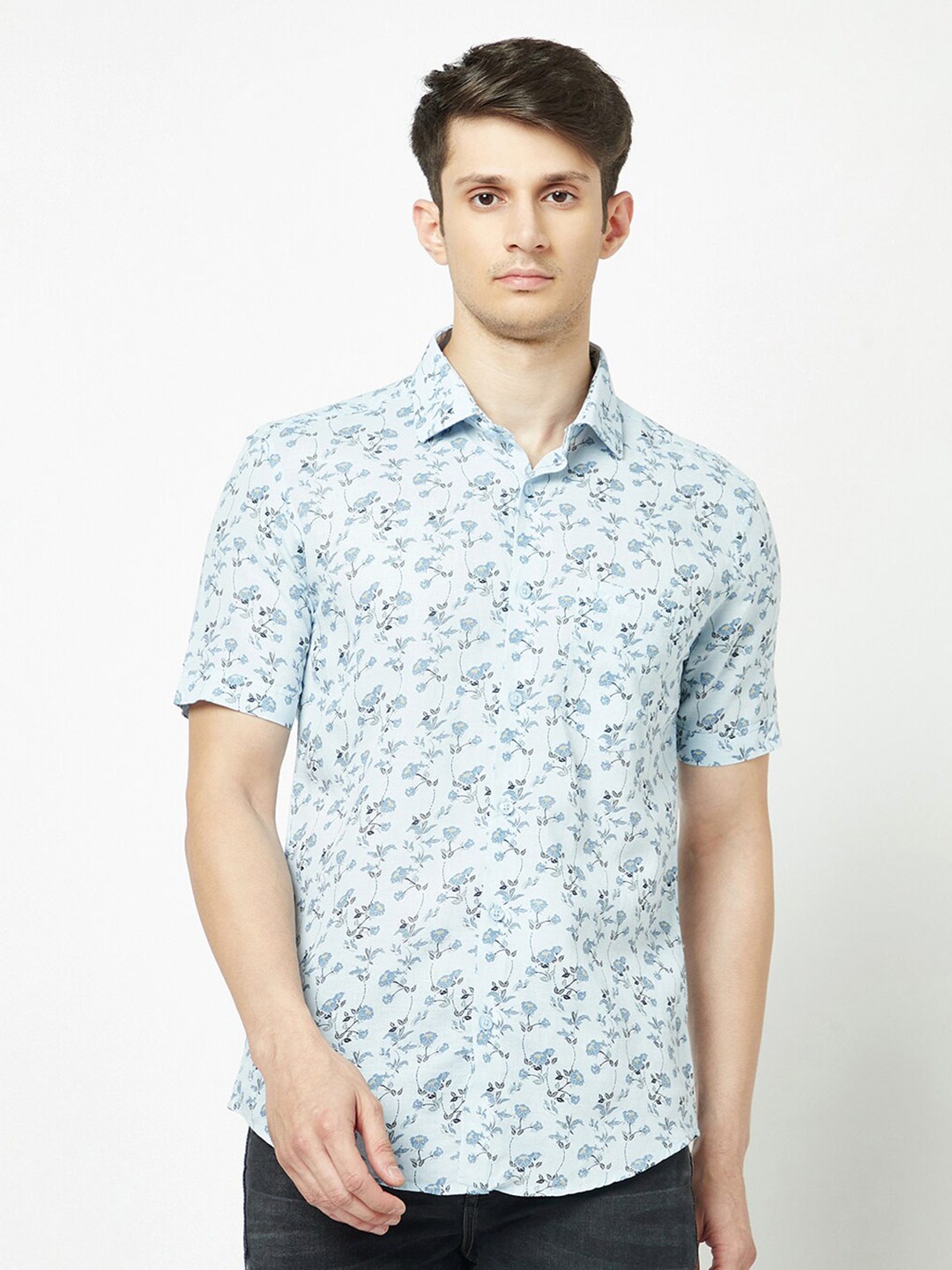 

Crimsoune Club Floral Printed Cotton Linen Slim Fit Casual Shirt, Blue