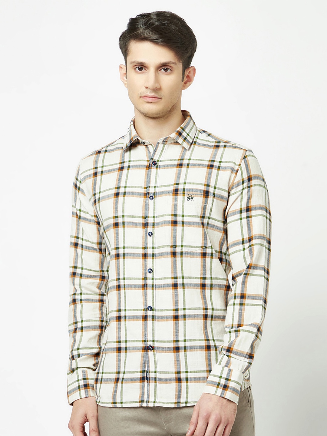 

Crimsoune Club Checks Slim Fit Cotton Casual Shirt, Cream