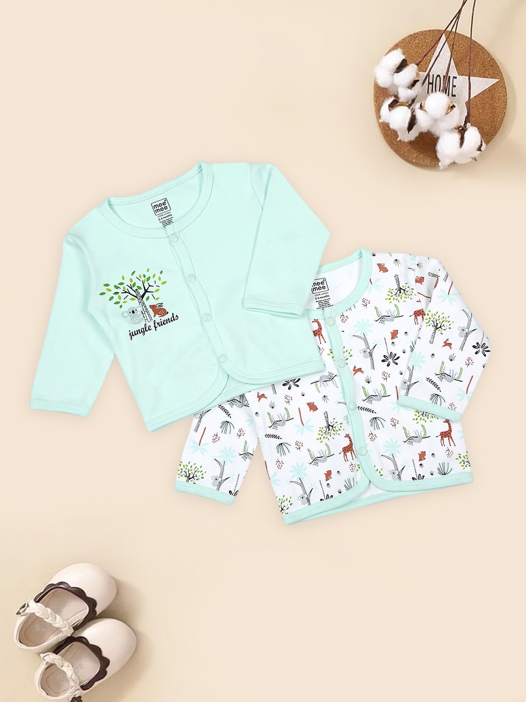 

MeeMee Infants Pack Of 2 Printed Pure Cotton Jhabla Vest, White