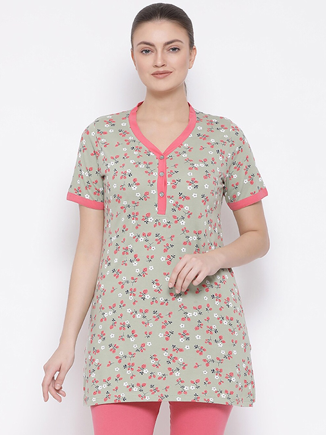 

Kanvin Women Floral Printed Pure Cotton Lounge T-shirt, Olive