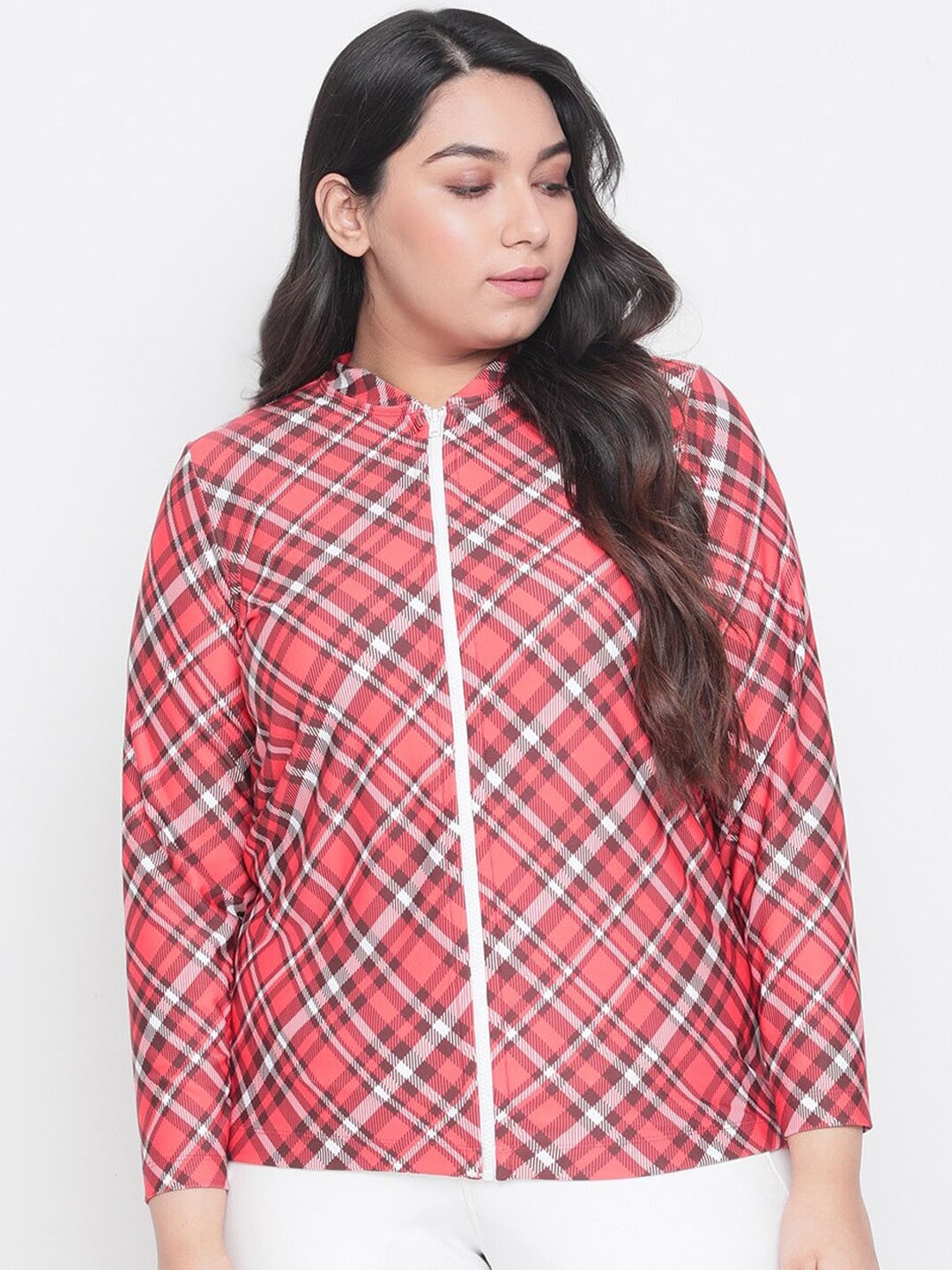 

Amydus Women Plus Size Checked Lightweight Bomber Jacket, Red